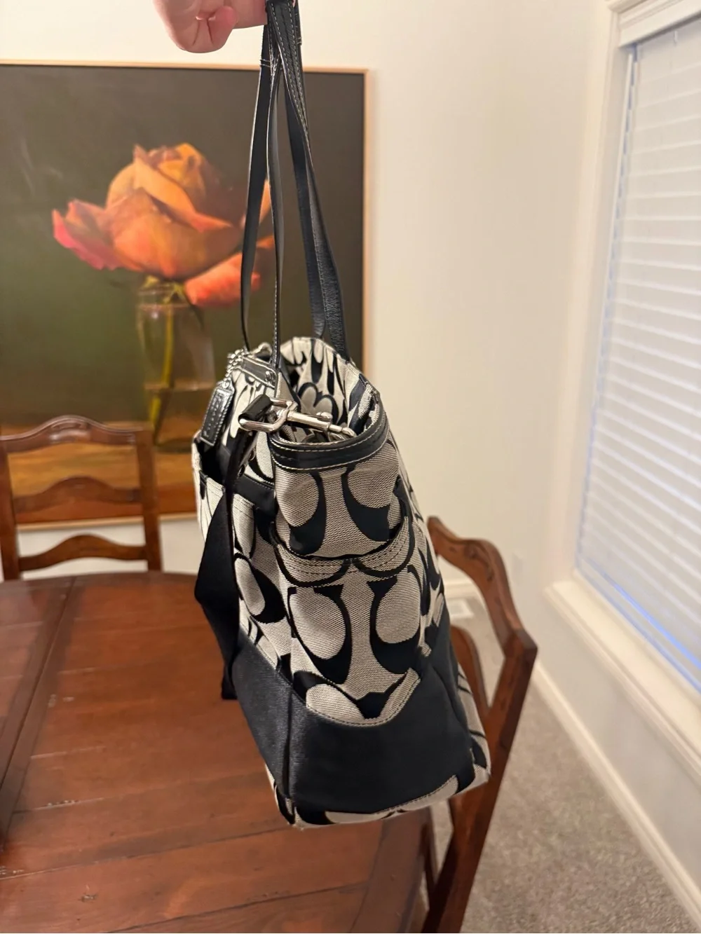 Coach Black and Cream Signature Canvas Tote with Tag and Medallion